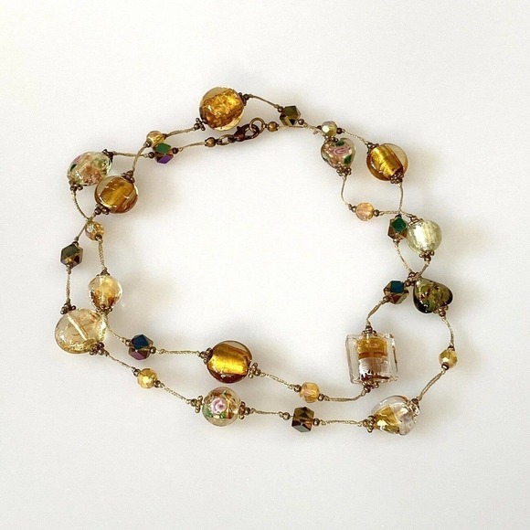 Necklace Amber Floral Lampwork Glass Beaded Necklace Pretty Bohemian Chic 30” - Picture 3 of 12